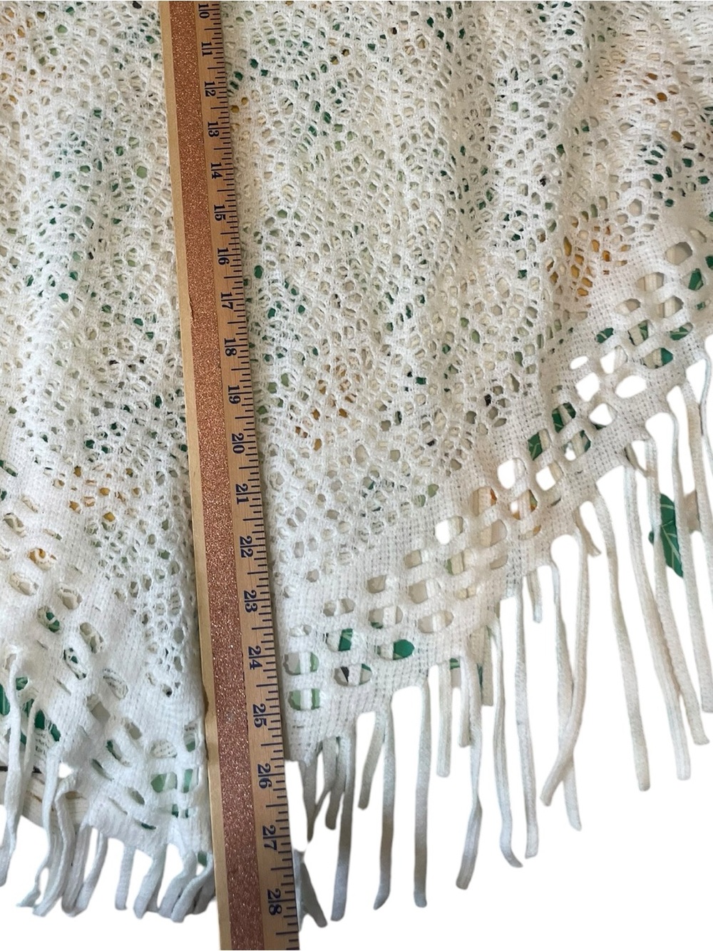 White Open Knit Poncho Crochet Boho Cape Fringe One Size Soft Cottage Whimsy - Picture 7 of 12